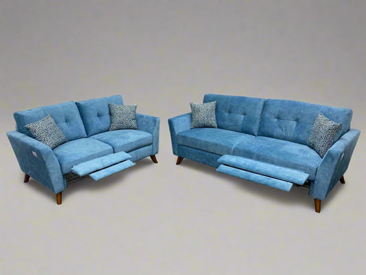 "Studio Renato" Velour Aqua Electric Recline 3 Seater & 2 Seater Sofa Bundle