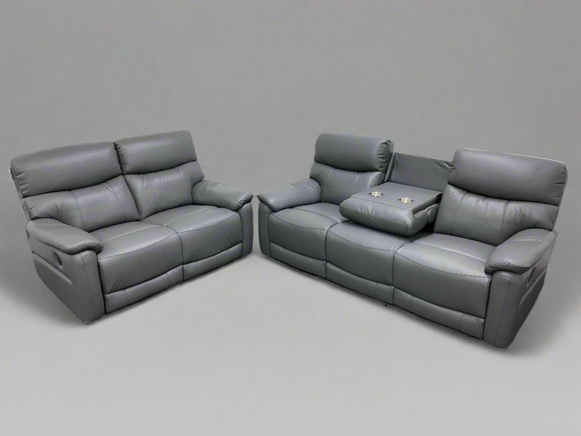 "Inca-Vino Moet" Slate Grey Leather Electric Recline 3 Seater & 2 Seater Sofa Bundle